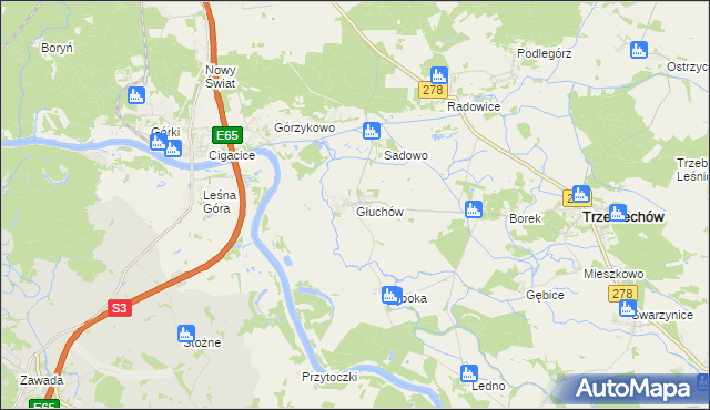 mapa Głuchów gmina Trzebiechów, Głuchów gmina Trzebiechów na mapie Targeo