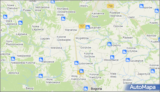 mapa Gorzków gmina Bogoria, Gorzków gmina Bogoria na mapie Targeo