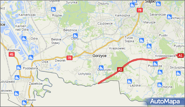 mapa Gorzyce powiat wodzisławski, Gorzyce powiat wodzisławski na mapie Targeo