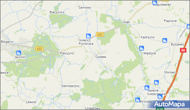 mapa Gosław gmina Trzebiatów, Gosław gmina Trzebiatów na mapie Targeo