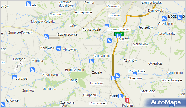 mapa Gromadzice gmina Bodzechów, Gromadzice gmina Bodzechów na mapie Targeo