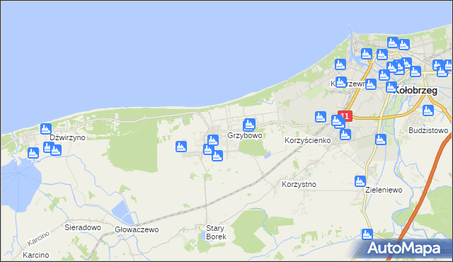 mapa Grzybowo gmina Kołobrzeg, Grzybowo gmina Kołobrzeg na mapie Targeo