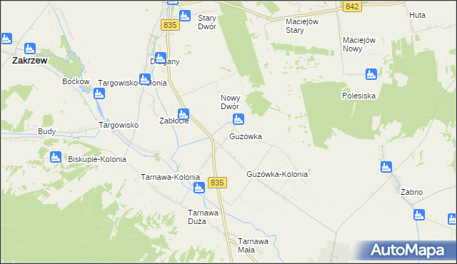 mapa Guzówka gmina Wysokie, Guzówka gmina Wysokie na mapie Targeo