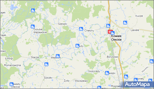 mapa Guzy gmina Kowale Oleckie, Guzy gmina Kowale Oleckie na mapie Targeo