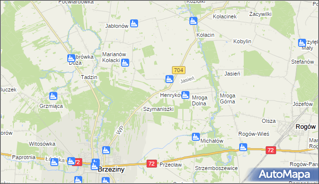 mapa Henryków gmina Brzeziny, Henryków gmina Brzeziny na mapie Targeo