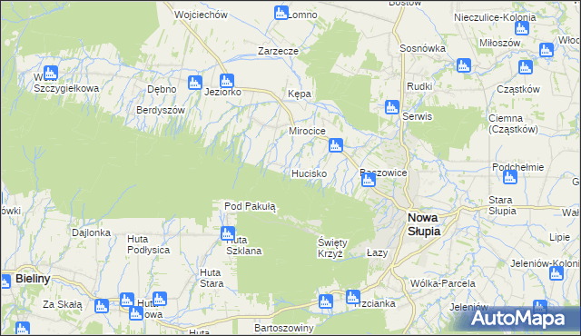 mapa Hucisko gmina Nowa Słupia, Hucisko gmina Nowa Słupia na mapie Targeo