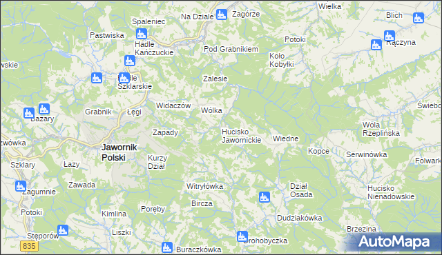 mapa Hucisko Jawornickie, Hucisko Jawornickie na mapie Targeo