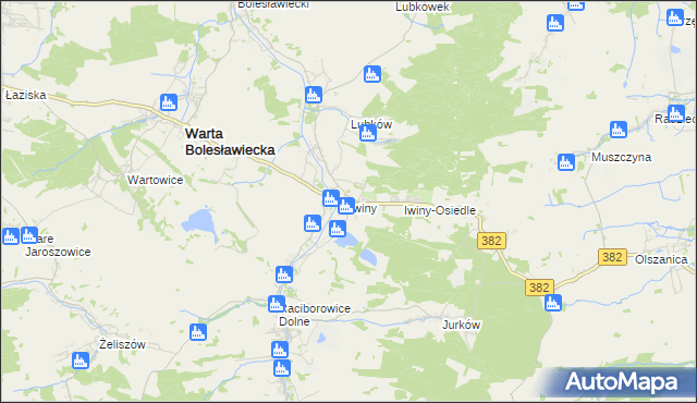 mapa Iwiny gmina Warta Bolesławiecka, Iwiny gmina Warta Bolesławiecka na mapie Targeo