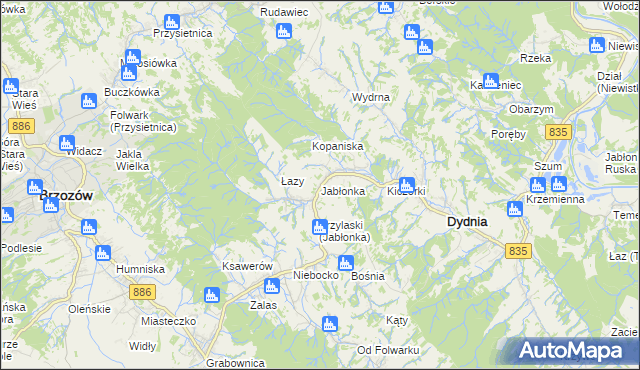 mapa Jabłonka gmina Dydnia, Jabłonka gmina Dydnia na mapie Targeo