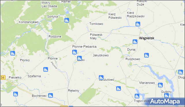 mapa Jakubkowo gmina Radomin, Jakubkowo gmina Radomin na mapie Targeo