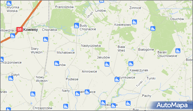 mapa Jakubów gmina Kowiesy, Jakubów gmina Kowiesy na mapie Targeo