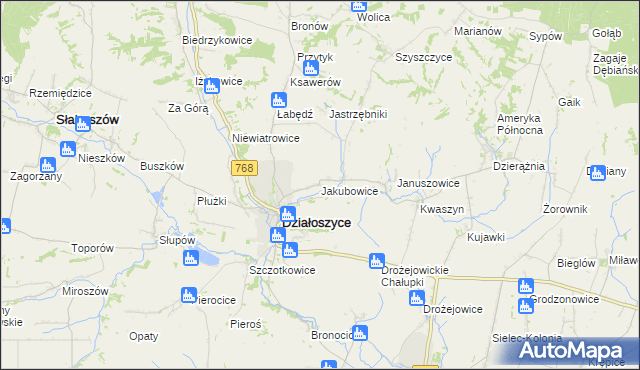 mapa Jakubowice gmina Działoszyce, Jakubowice gmina Działoszyce na mapie Targeo