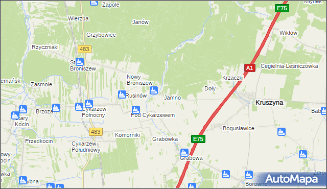 mapa Jamno gmina Mykanów, Jamno gmina Mykanów na mapie Targeo