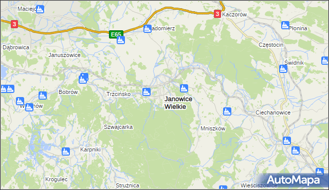 mapa Janowice Wielkie, Janowice Wielkie na mapie Targeo