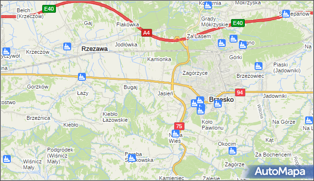 mapa Jasień gmina Brzesko, Jasień gmina Brzesko na mapie Targeo