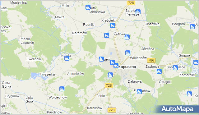mapa Jasień gmina Łopuszno, Jasień gmina Łopuszno na mapie Targeo