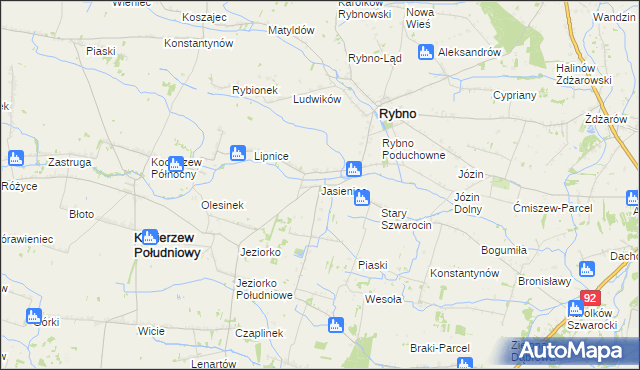 mapa Jasieniec gmina Rybno, Jasieniec gmina Rybno na mapie Targeo