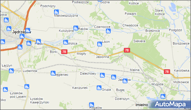 mapa Jasionna gmina Jędrzejów, Jasionna gmina Jędrzejów na mapie Targeo