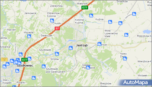 mapa Jastrząb powiat szydłowiecki, Jastrząb powiat szydłowiecki na mapie Targeo