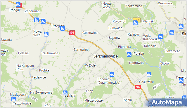 mapa Jerzmanowice gmina Jerzmanowice-Przeginia, Jerzmanowice gmina Jerzmanowice-Przeginia na mapie Targeo