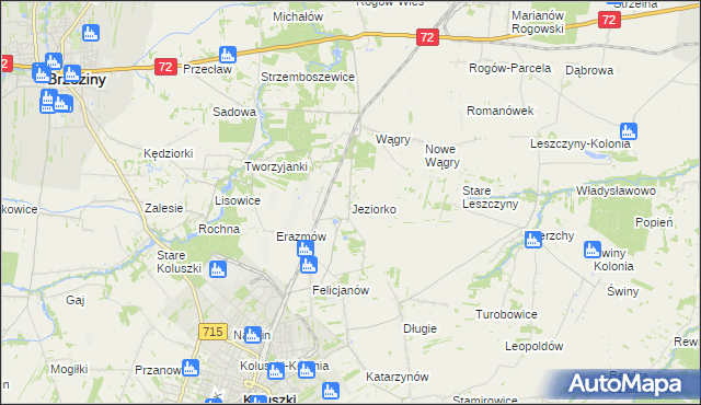 mapa Jeziorko gmina Koluszki, Jeziorko gmina Koluszki na mapie Targeo