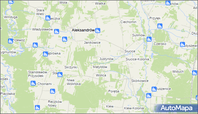 mapa Justynów gmina Aleksandrów, Justynów gmina Aleksandrów na mapie Targeo