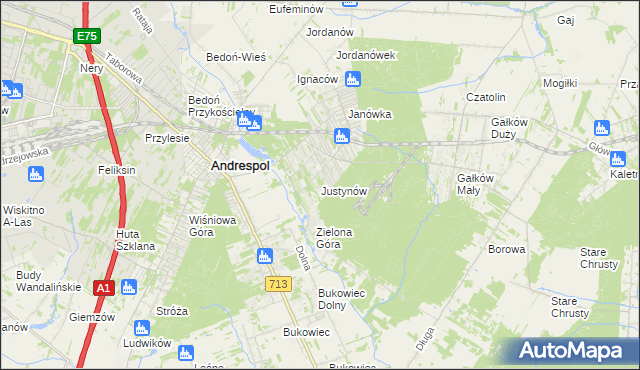 mapa Justynów gmina Andrespol, Justynów gmina Andrespol na mapie Targeo