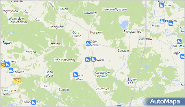 mapa Kajetanów gmina Przedbórz, Kajetanów gmina Przedbórz na mapie Targeo