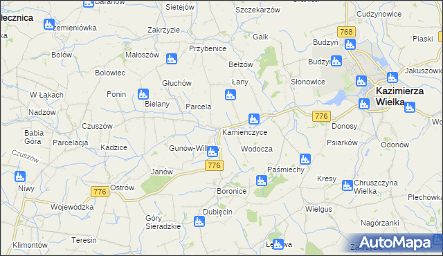 mapa Kamieńczyce gmina Kazimierza Wielka, Kamieńczyce gmina Kazimierza Wielka na mapie Targeo