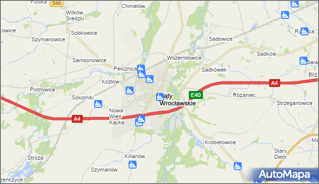 mapa Kąty Wrocławskie, Kąty Wrocławskie na mapie Targeo