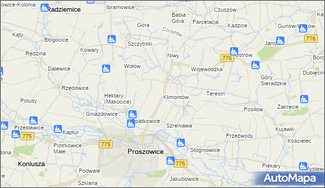 mapa Klimontów gmina Proszowice, Klimontów gmina Proszowice na mapie Targeo