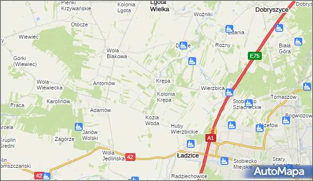 mapa Kolonia Krępa gmina Lgota Wielka, Kolonia Krępa gmina Lgota Wielka na mapie Targeo