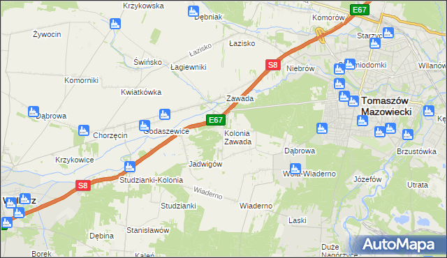 mapa Kolonia Zawada gmina Tomaszów Mazowiecki, Kolonia Zawada gmina Tomaszów Mazowiecki na mapie Targeo