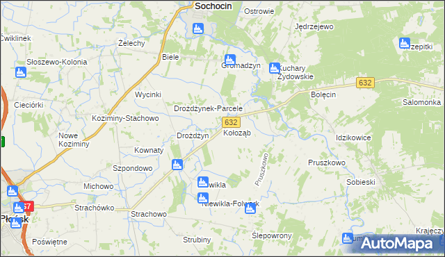 mapa Kołoząb gmina Sochocin, Kołoząb gmina Sochocin na mapie Targeo