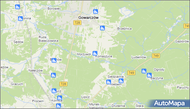 mapa Komaszyce gmina Gowarczów, Komaszyce gmina Gowarczów na mapie Targeo