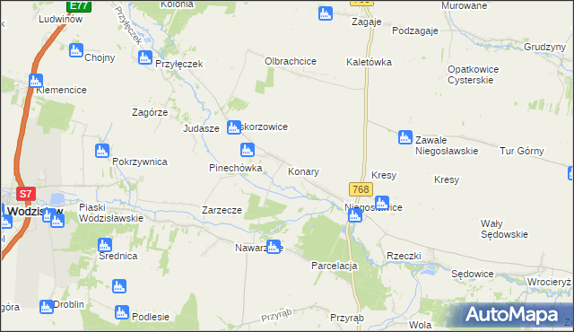 mapa Konary gmina Wodzisław, Konary gmina Wodzisław na mapie Targeo