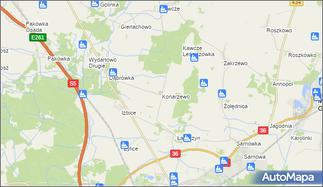 mapa Konarzewo gmina Rawicz, Konarzewo gmina Rawicz na mapie Targeo