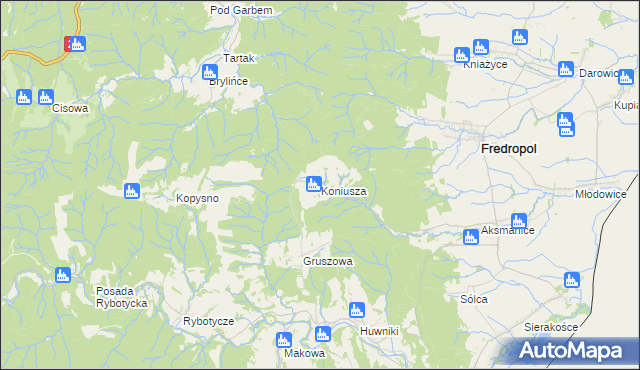 mapa Koniusza gmina Fredropol, Koniusza gmina Fredropol na mapie Targeo
