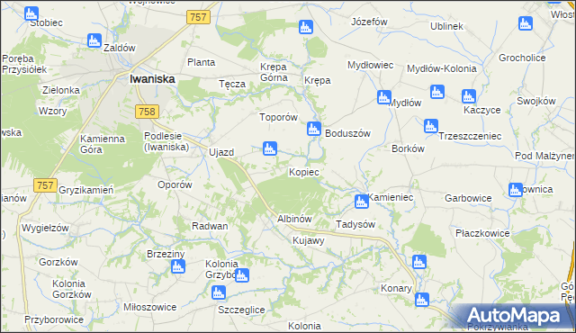 mapa Kopiec gmina Iwaniska, Kopiec gmina Iwaniska na mapie Targeo