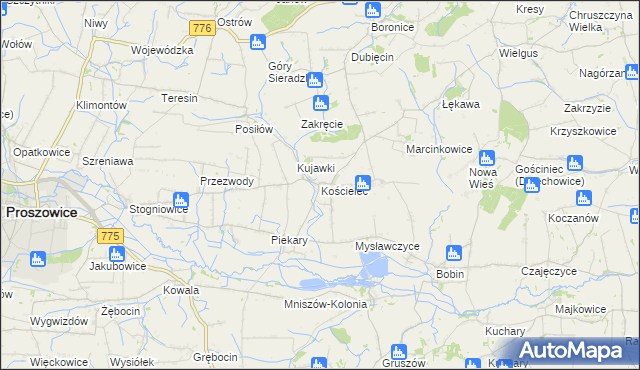 mapa Kościelec gmina Proszowice, Kościelec gmina Proszowice na mapie Targeo