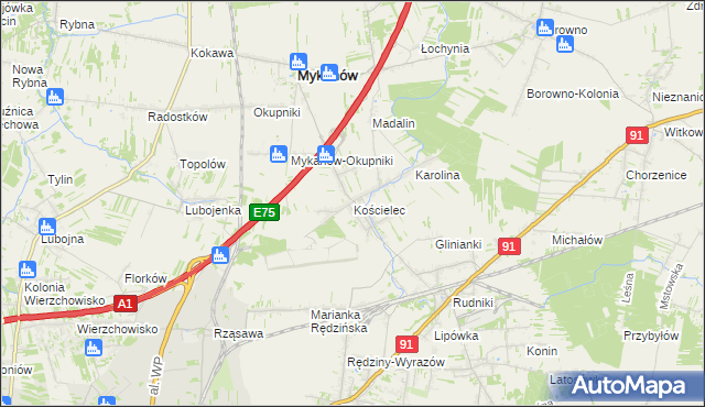 mapa Kościelec gmina Rędziny, Kościelec gmina Rędziny na mapie Targeo