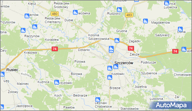 mapa Kościuszki gmina Szczerców, Kościuszki gmina Szczerców na mapie Targeo