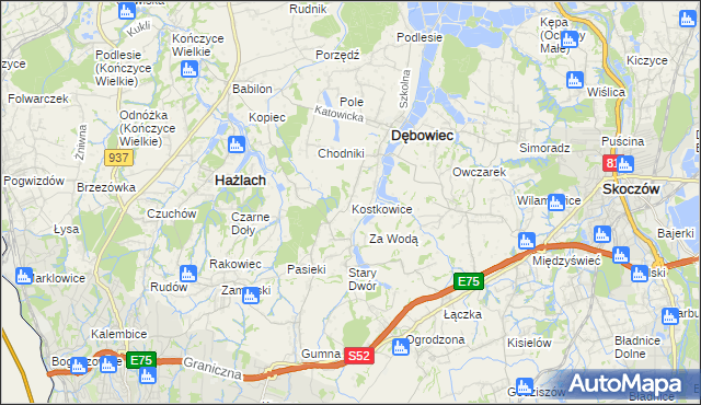mapa Kostkowice gmina Dębowiec, Kostkowice gmina Dębowiec na mapie Targeo
