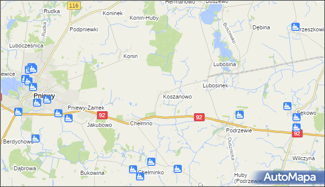 mapa Koszanowo gmina Pniewy, Koszanowo gmina Pniewy na mapie Targeo