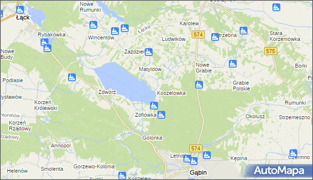 mapa Koszelówka gmina Łąck, Koszelówka gmina Łąck na mapie Targeo