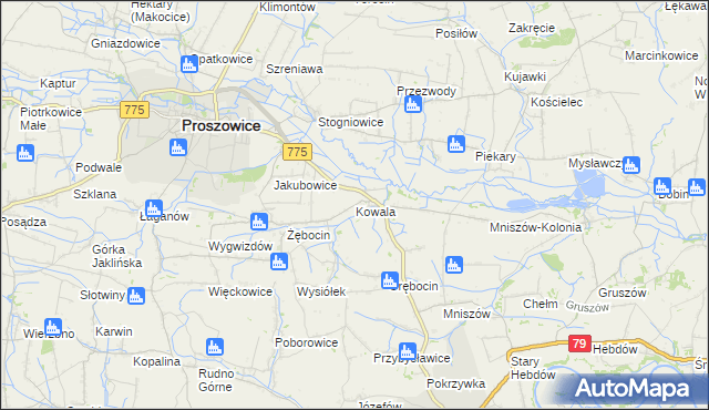 mapa Kowala gmina Proszowice, Kowala gmina Proszowice na mapie Targeo