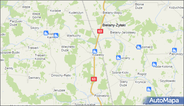 mapa Kowiesy gmina Bielany, Kowiesy gmina Bielany na mapie Targeo