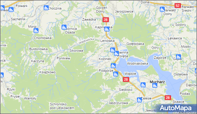 mapa Koziniec gmina Mucharz, Koziniec gmina Mucharz na mapie Targeo