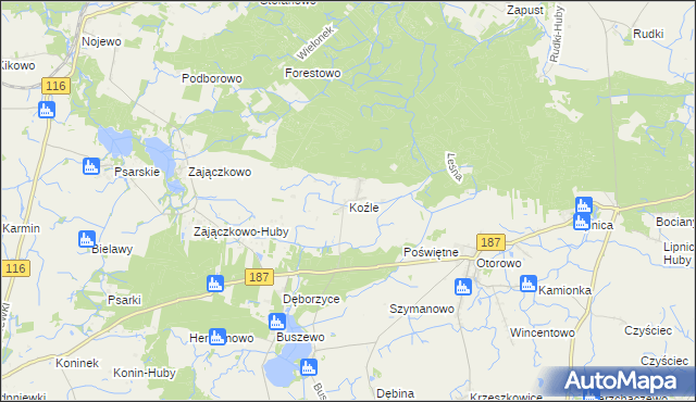 mapa Koźle gmina Szamotuły, Koźle gmina Szamotuły na mapie Targeo