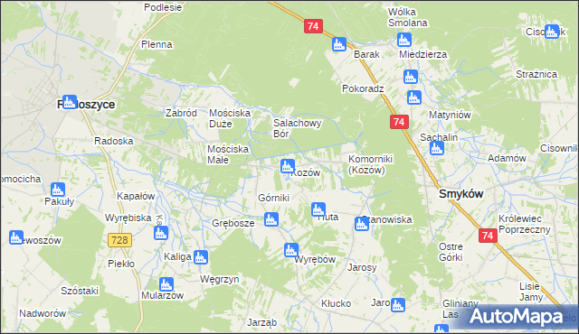 mapa Kozów gmina Smyków, Kozów gmina Smyków na mapie Targeo